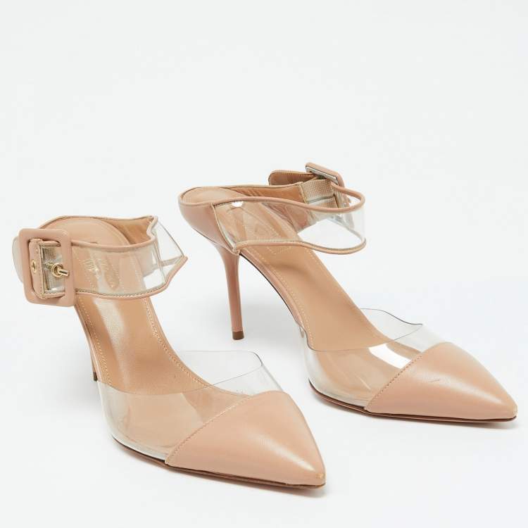 Pre Owned Aquazzura Beige Leather and PVC Optic Buckle Pointed Toe Mules Size 39
