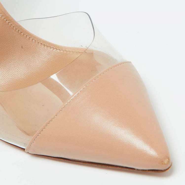 Pre Owned Aquazzura Beige Leather and PVC Optic Buckle Pointed Toe Mules Size 39