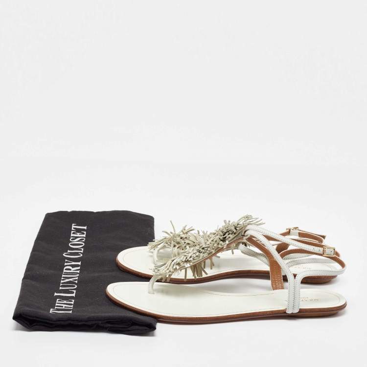 Pre Owned Aquazzura White Leather Fringe Trim Accent Flat Sandals Size 38