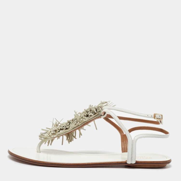 Pre Owned Aquazzura White Leather Fringe Trim Accent Flat Sandals Size 38