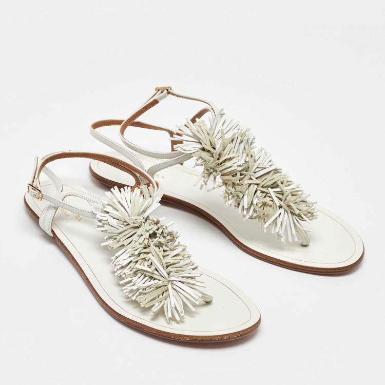 Pre Owned Aquazzura White Leather Fringe Trim Accent Flat Sandals Size 38
