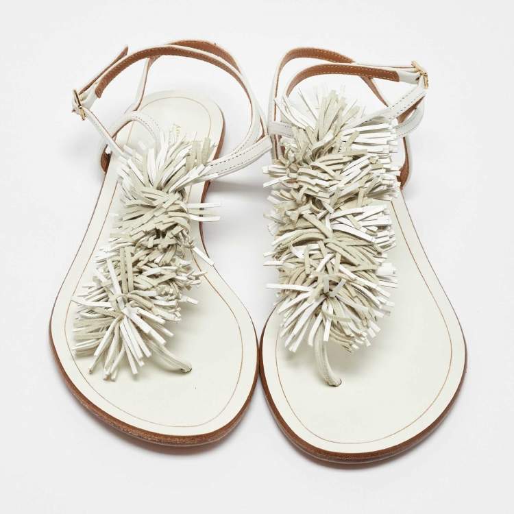 Pre Owned Aquazzura White Leather Fringe Trim Accent Flat Sandals Size 38