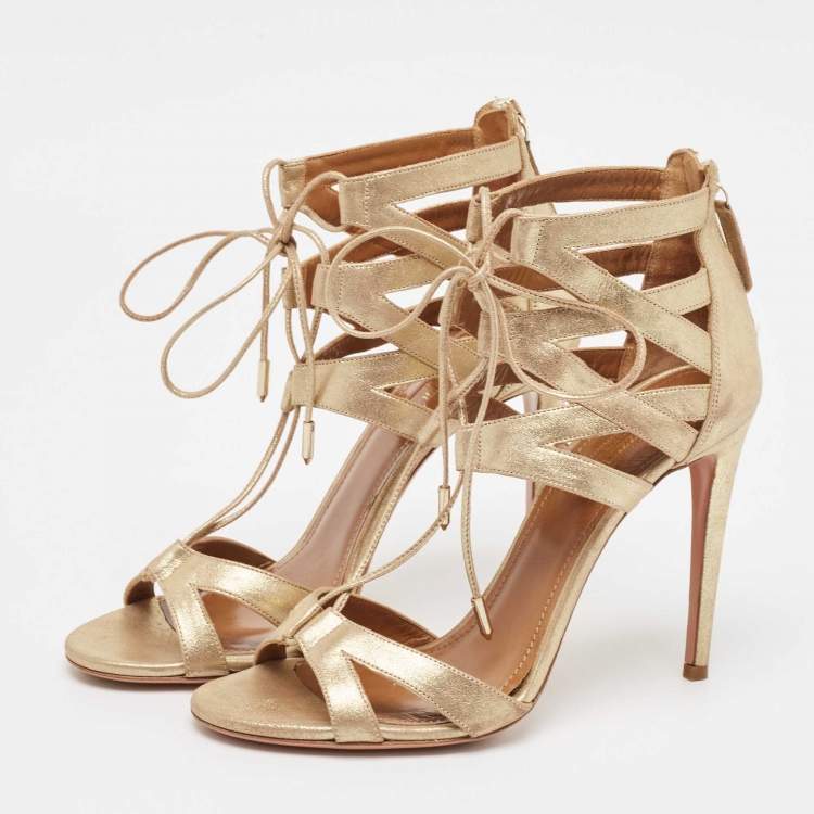 Pre Owned Aquazzura Gold Textured Suede Beverly Hills Sandals Size 38.5