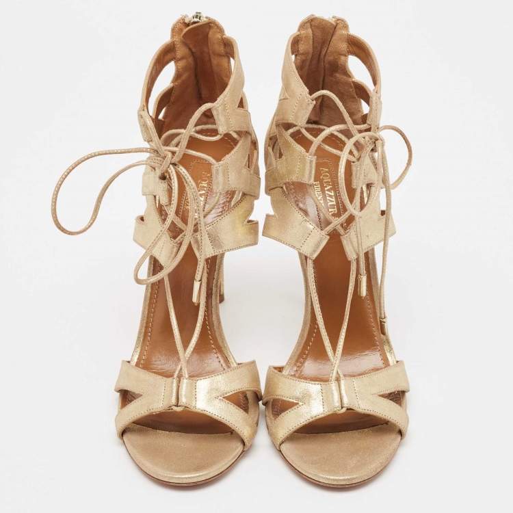 Pre Owned Aquazzura Gold Textured Suede Beverly Hills Sandals Size 38.5