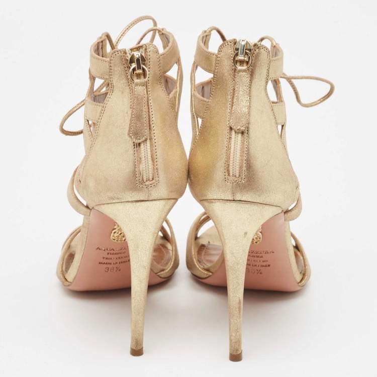 Pre Owned Aquazzura Gold Textured Suede Beverly Hills Sandals Size 38.5
