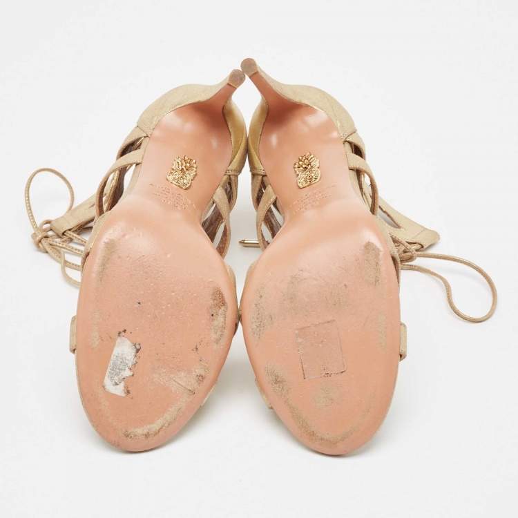 Pre Owned Aquazzura Gold Textured Suede Beverly Hills Sandals Size 38.5