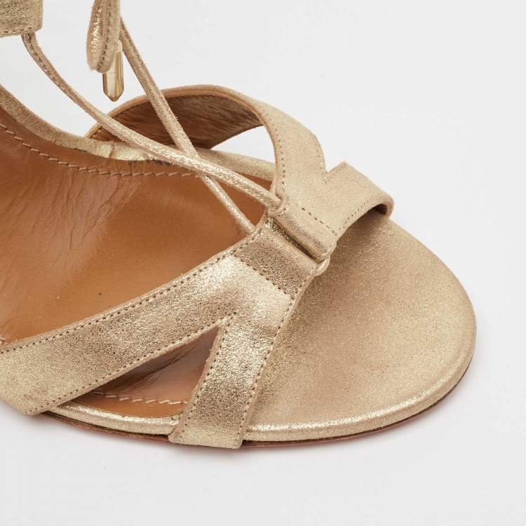 Pre Owned Aquazzura Gold Textured Suede Beverly Hills Sandals Size 38.5