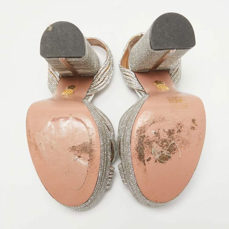 Pre Owned Aquazzura Silver Leather Crystal Embellished Sundance Sandals Size 37.5