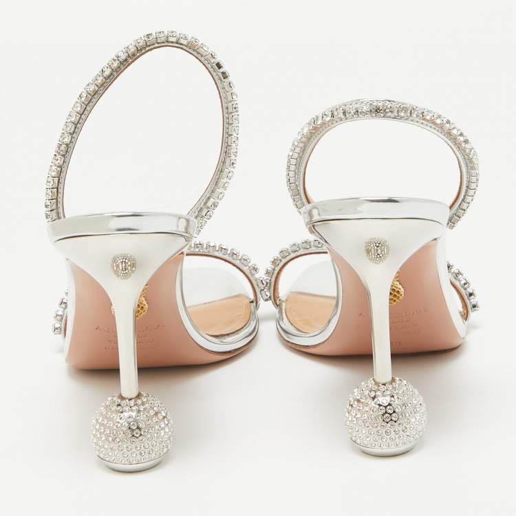Pre Owned Aquazzura Silver Leather Crystal Embellished Yes Darling Slingback Sandals Size 38