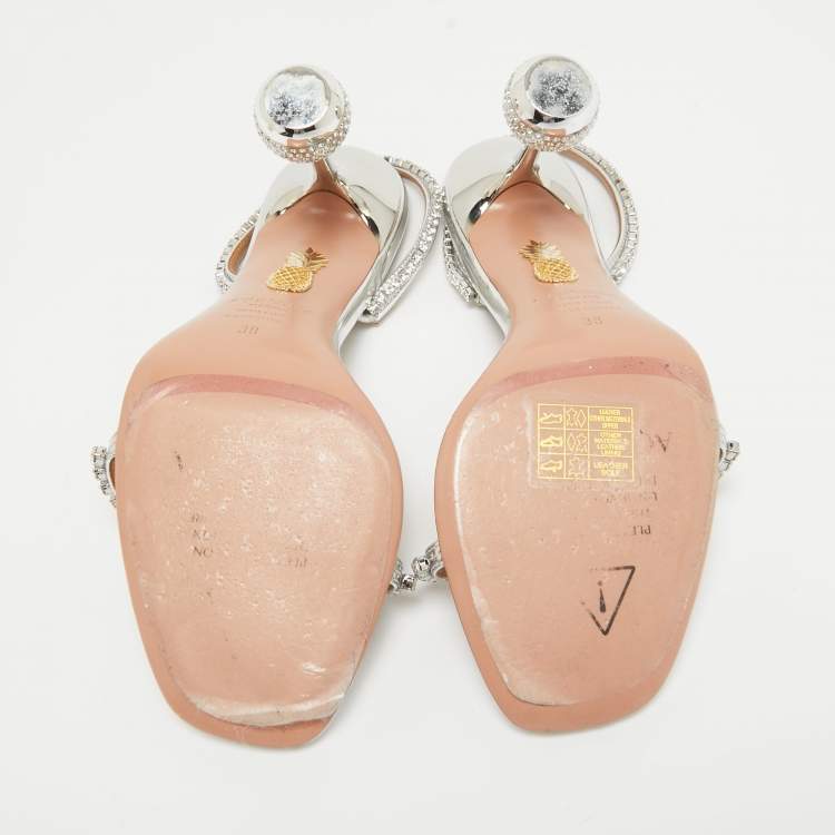 Pre Owned Aquazzura Silver Leather Crystal Embellished Yes Darling Slingback Sandals Size 38