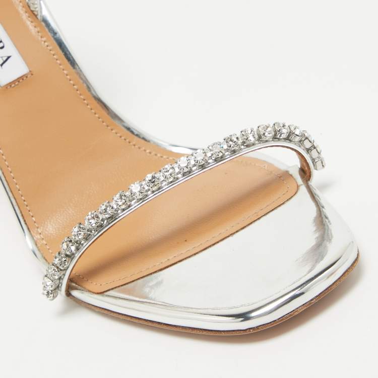 Pre Owned Aquazzura Silver Leather Crystal Embellished Yes Darling Slingback Sandals Size 38