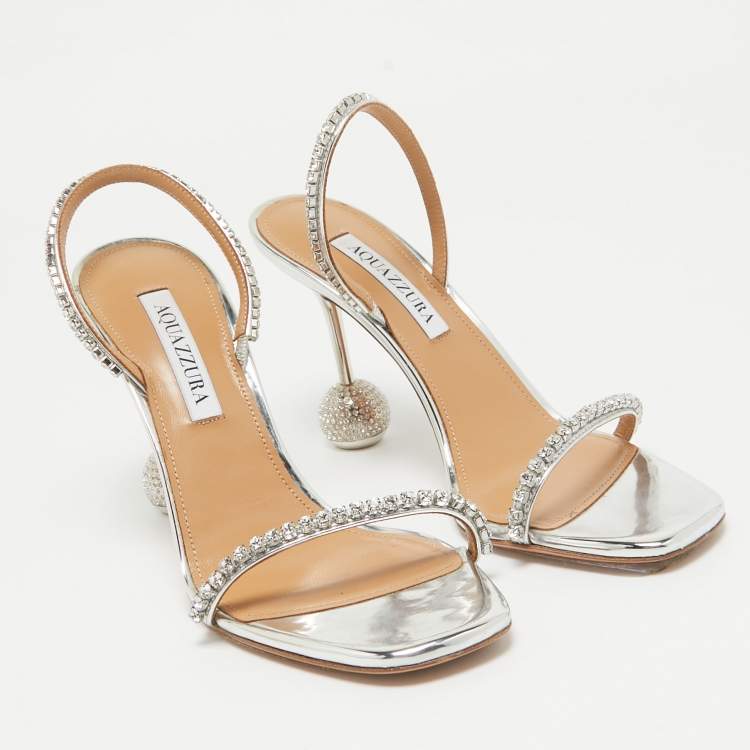 Pre Owned Aquazzura Silver Leather Crystal Embellished Yes Darling Slingback Sandals Size 38