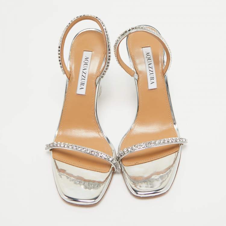 Pre Owned Aquazzura Silver Leather Crystal Embellished Yes Darling Slingback Sandals Size 38