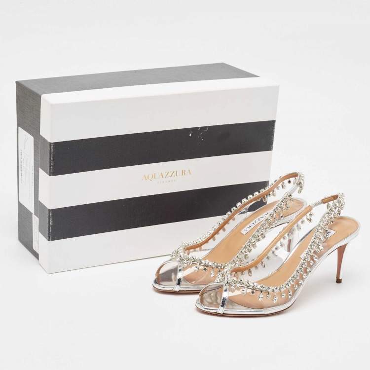 Pre Owned Aquazzura Silver Leather and PVC Temptation Slingback Pumps Size 37