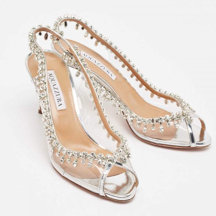 Pre Owned Aquazzura Silver Leather and PVC Temptation Slingback Pumps Size 37