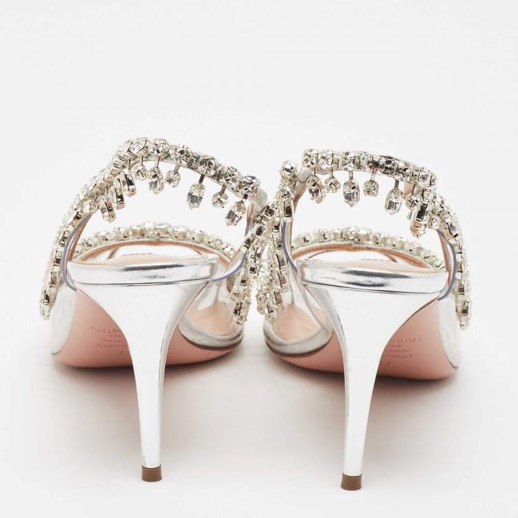 Pre Owned Aquazzura Silver Leather and PVC Temptation Slingback Pumps Size 37