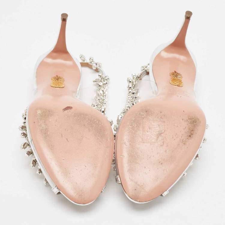 Pre Owned Aquazzura Silver Leather and PVC Temptation Slingback Pumps Size 37