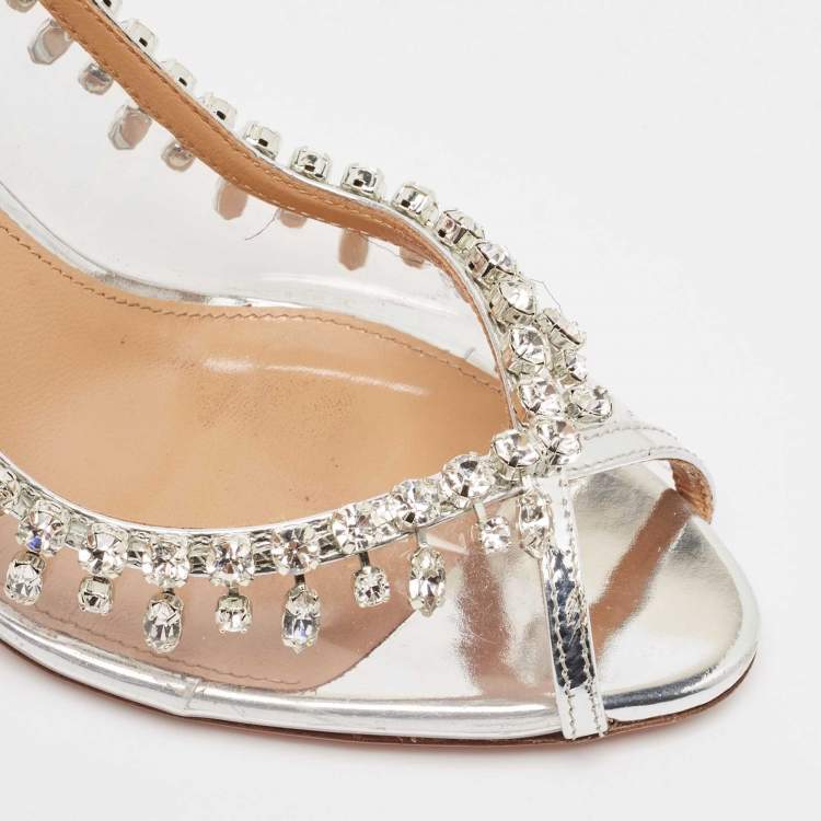 Pre Owned Aquazzura Silver Leather and PVC Temptation Slingback Pumps Size 37