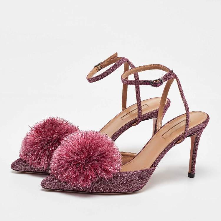 Pre Owned Aquazzura Metallic Pink Lurex Fabric Powder Puff Ankle Strap Sandals Size 39