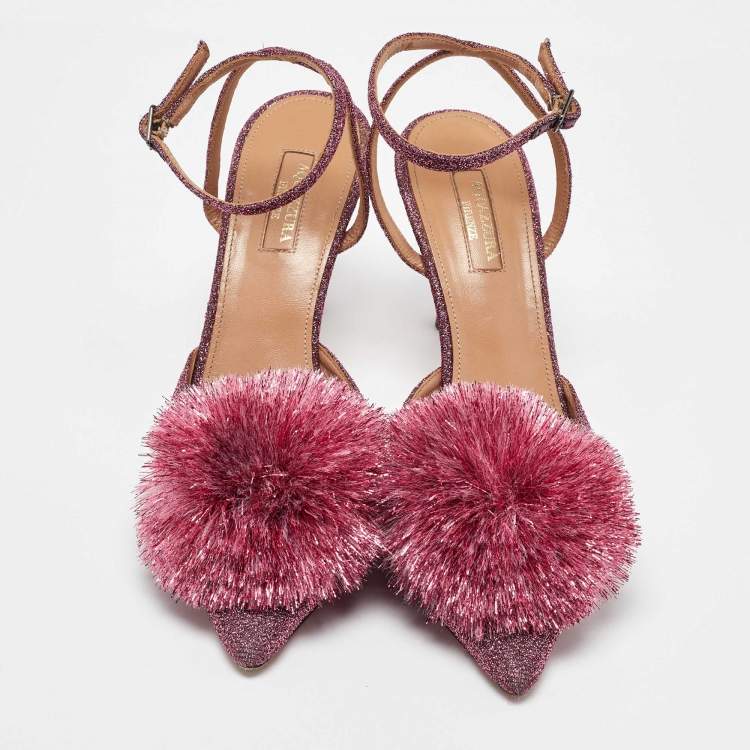 Pre Owned Aquazzura Metallic Pink Lurex Fabric Powder Puff Ankle Strap Sandals Size 39
