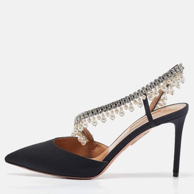 Pre Owned Aquazzura Black Fabric Crystal Embellished Slingback Pumps Size 37