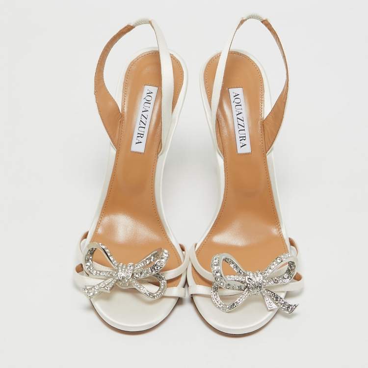 مملوكة مسبقًا Aquazzura White Satin Bow Embellished Babe Slingback Sandals Size 40