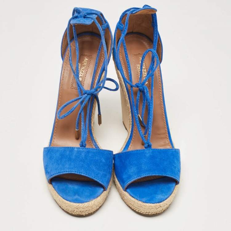 Pre Owned Aquazzura Blue Suede Ankle Tie Wedge Sandals Size 38