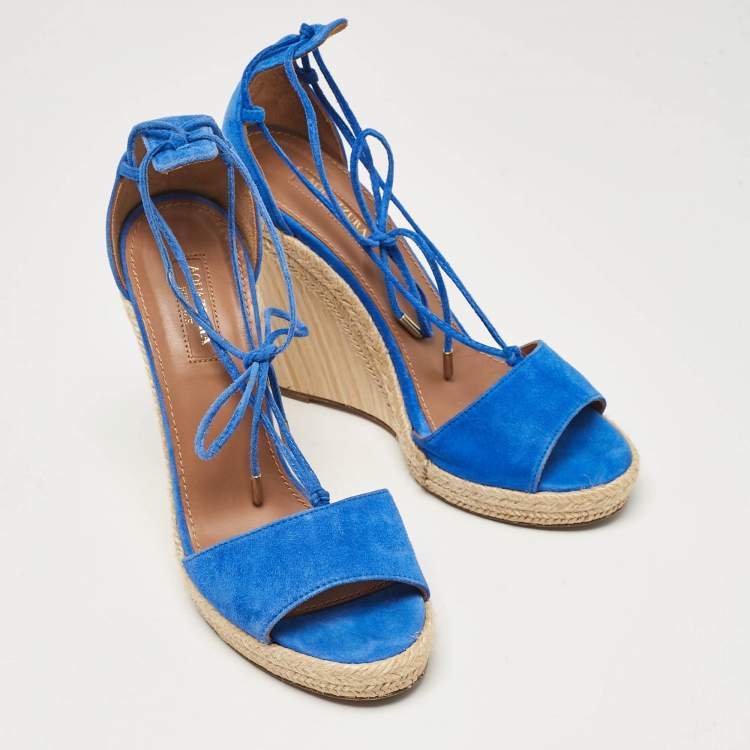 Pre Owned Aquazzura Blue Suede Ankle Tie Wedge Sandals Size 38