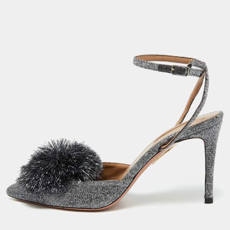 مملوكة مسبقًا Aquazzura Silver Metallic Lurex Fabric Powder Puff Ankle Strap Sandals Size 40