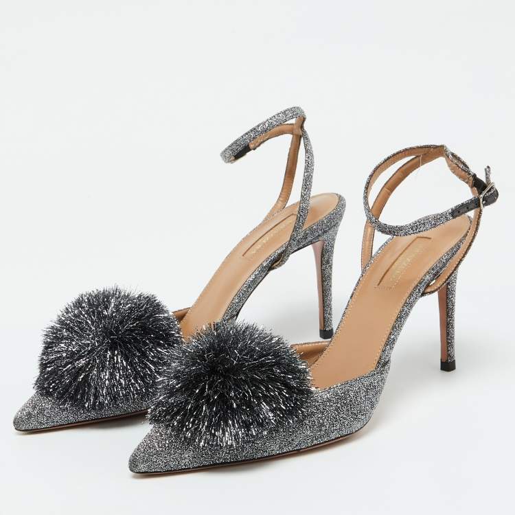مملوكة مسبقًا Aquazzura Silver Metallic Lurex Fabric Powder Puff Ankle Strap Sandals Size 40