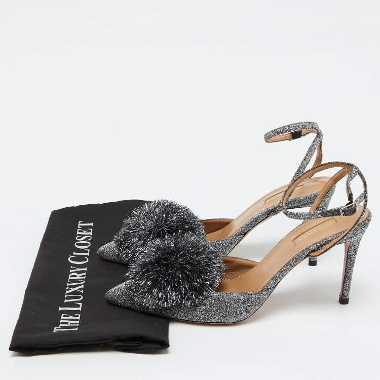 مملوكة مسبقًا Aquazzura Silver Metallic Lurex Fabric Powder Puff Ankle Strap Sandals Size 40