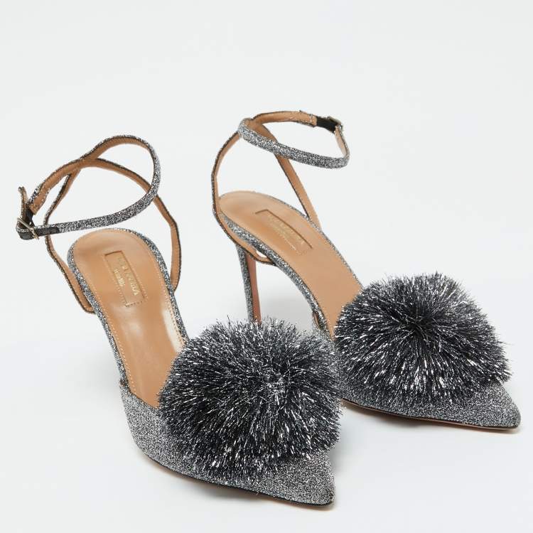مملوكة مسبقًا Aquazzura Silver Metallic Lurex Fabric Powder Puff Ankle Strap Sandals Size 40