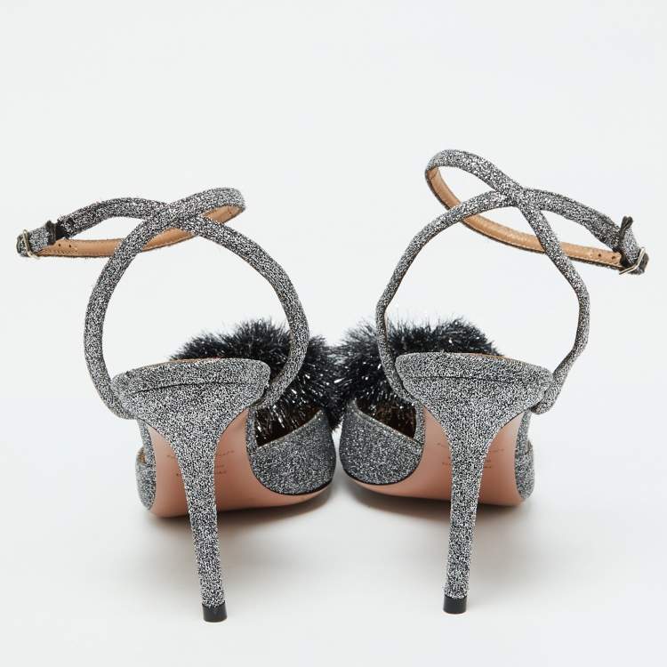 مملوكة مسبقًا Aquazzura Silver Metallic Lurex Fabric Powder Puff Ankle Strap Sandals Size 40