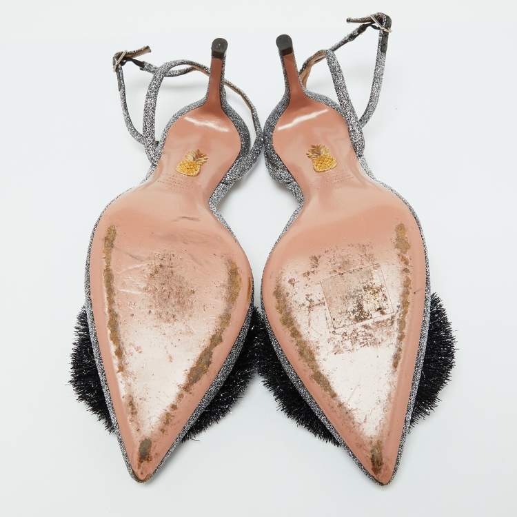 مملوكة مسبقًا Aquazzura Silver Metallic Lurex Fabric Powder Puff Ankle Strap Sandals Size 40