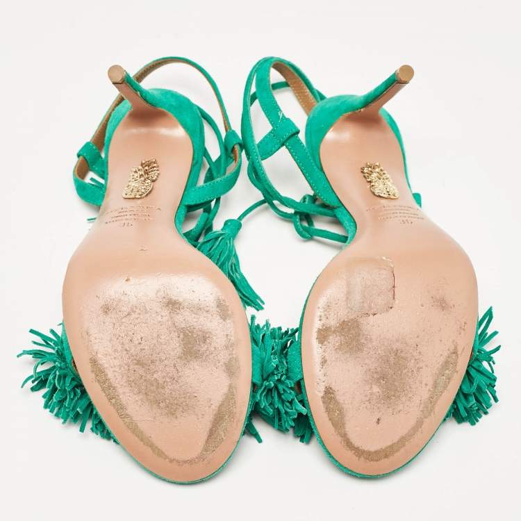 مملوكة مسبقًا Aquazzura Green Suede  Fringed Wild Thing Ankle Strap Sandals Size 36