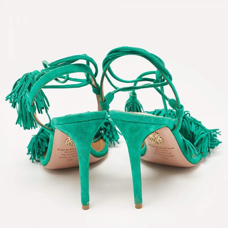 مملوكة مسبقًا Aquazzura Green Suede  Fringed Wild Thing Ankle Strap Sandals Size 36