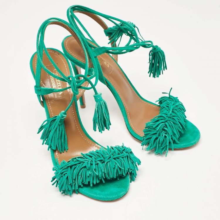 مملوكة مسبقًا Aquazzura Green Suede  Fringed Wild Thing Ankle Strap Sandals Size 36