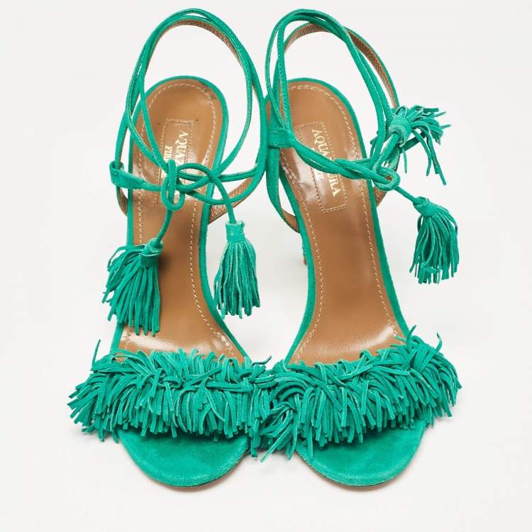 مملوكة مسبقًا Aquazzura Green Suede  Fringed Wild Thing Ankle Strap Sandals Size 36