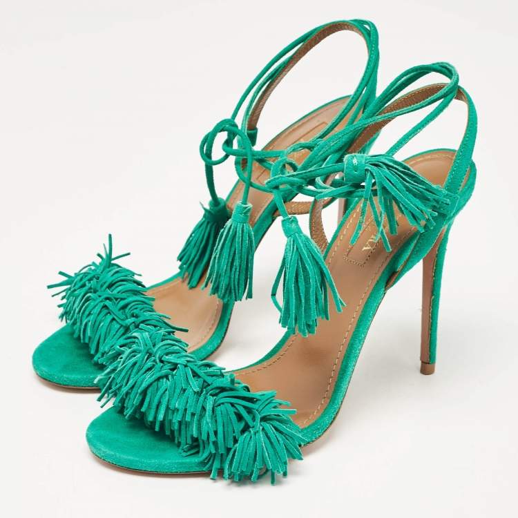 مملوكة مسبقًا Aquazzura Green Suede  Fringed Wild Thing Ankle Strap Sandals Size 36