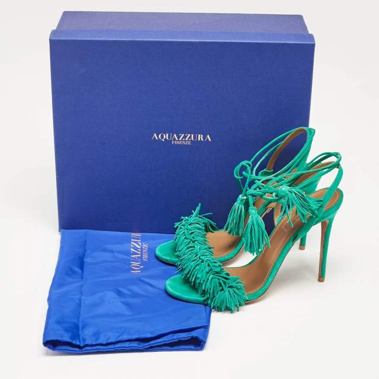مملوكة مسبقًا Aquazzura Green Suede  Fringed Wild Thing Ankle Strap Sandals Size 36