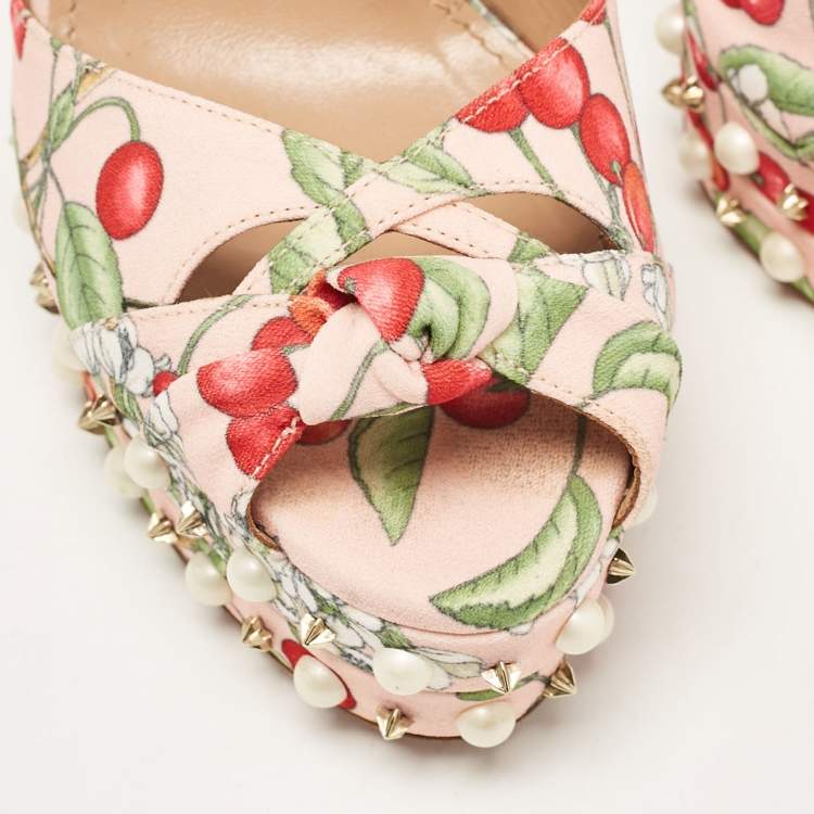 Pre Owned Aquazzura Multicolor Cherry Blossom Print Fabric Harlow Pearls Platform Sandals Size 39