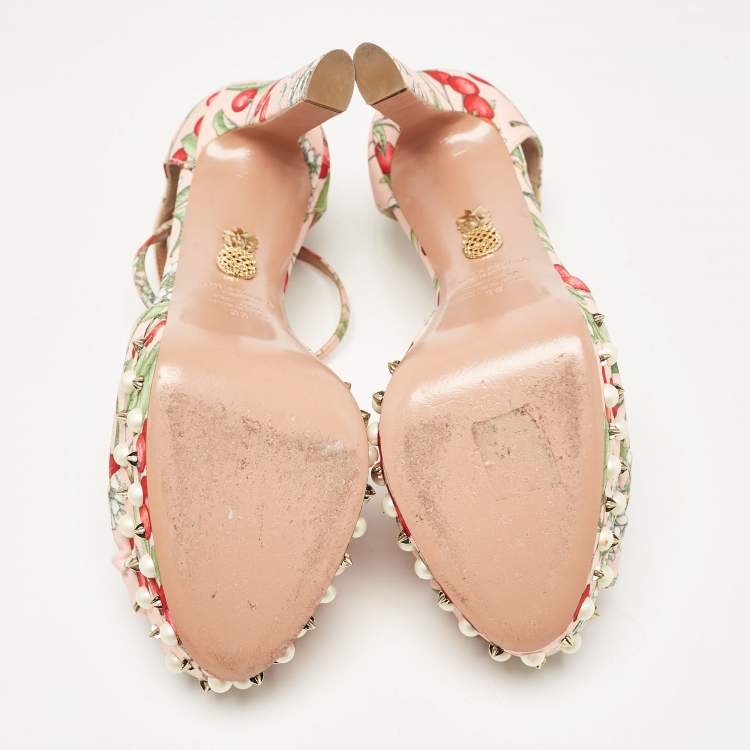 Pre Owned Aquazzura Multicolor Cherry Blossom Print Fabric Harlow Pearls Platform Sandals Size 39