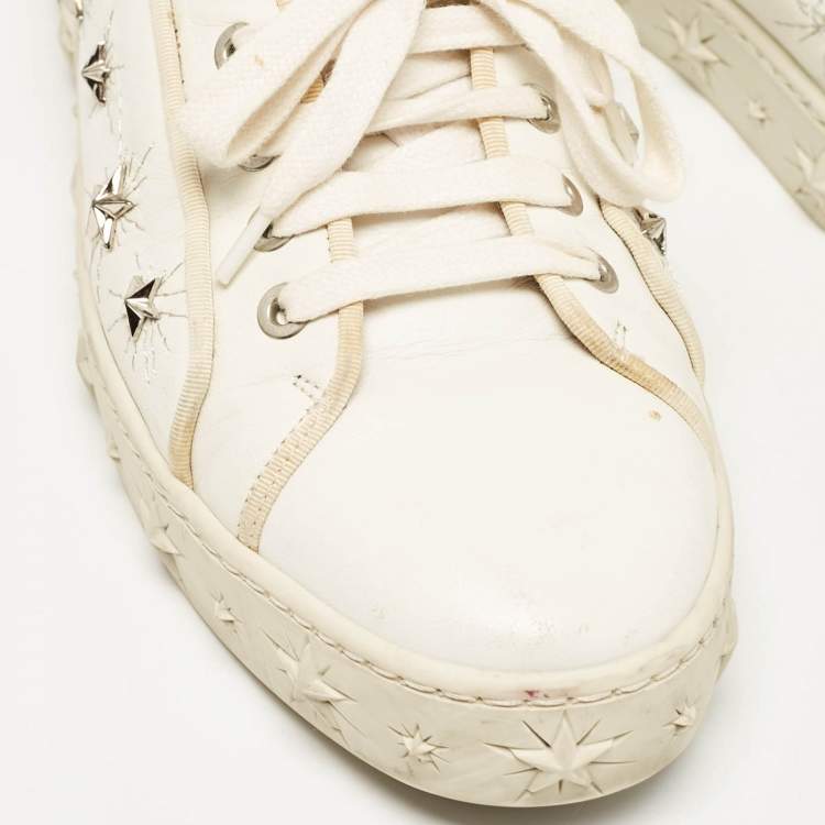 Pre Owned Aquazzura White/Silver Leather Cosmic Star-Stud Low Top Sneakers Size 40.5