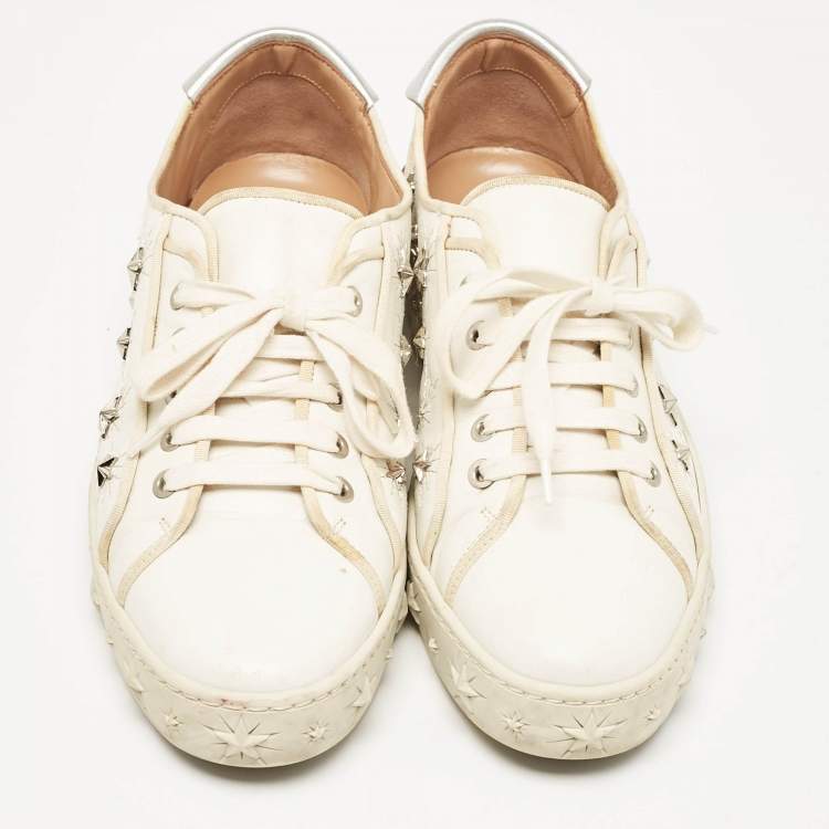 Pre Owned Aquazzura White/Silver Leather Cosmic Star-Stud Low Top Sneakers Size 40.5