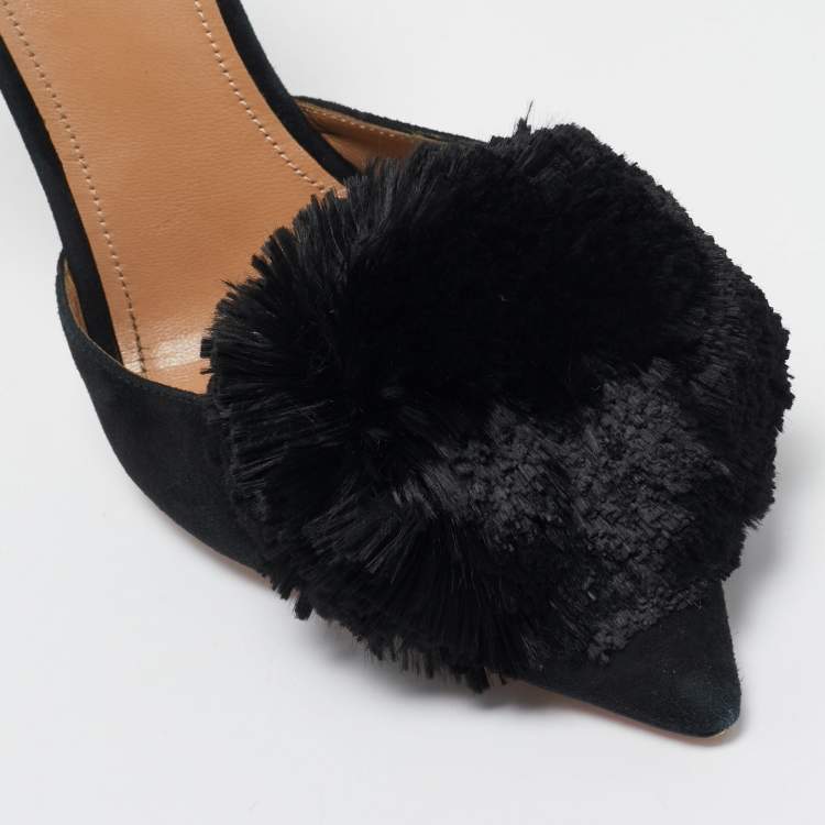 Pre Owned Aquazzura Black Suede Powder Puff Pointed Toe Slingback Sandals Size 40.5