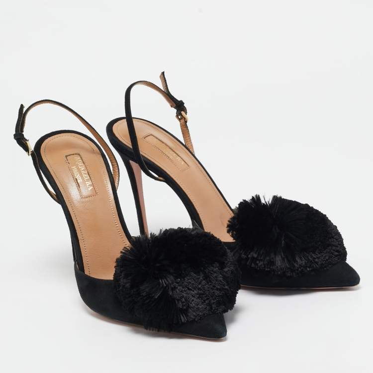 Pre Owned Aquazzura Black Suede Powder Puff Pointed Toe Slingback Sandals Size 40.5