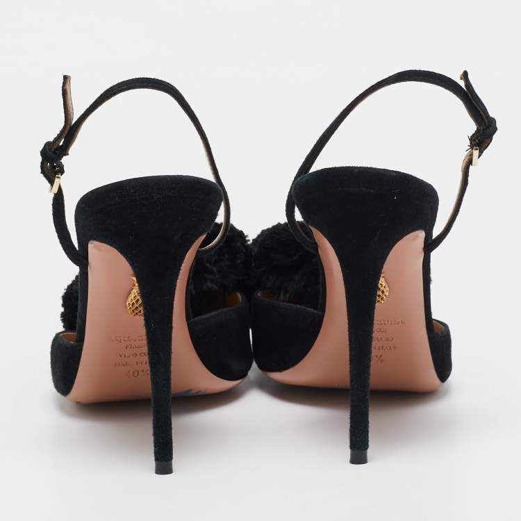 Pre Owned Aquazzura Black Suede Powder Puff Pointed Toe Slingback Sandals Size 40.5