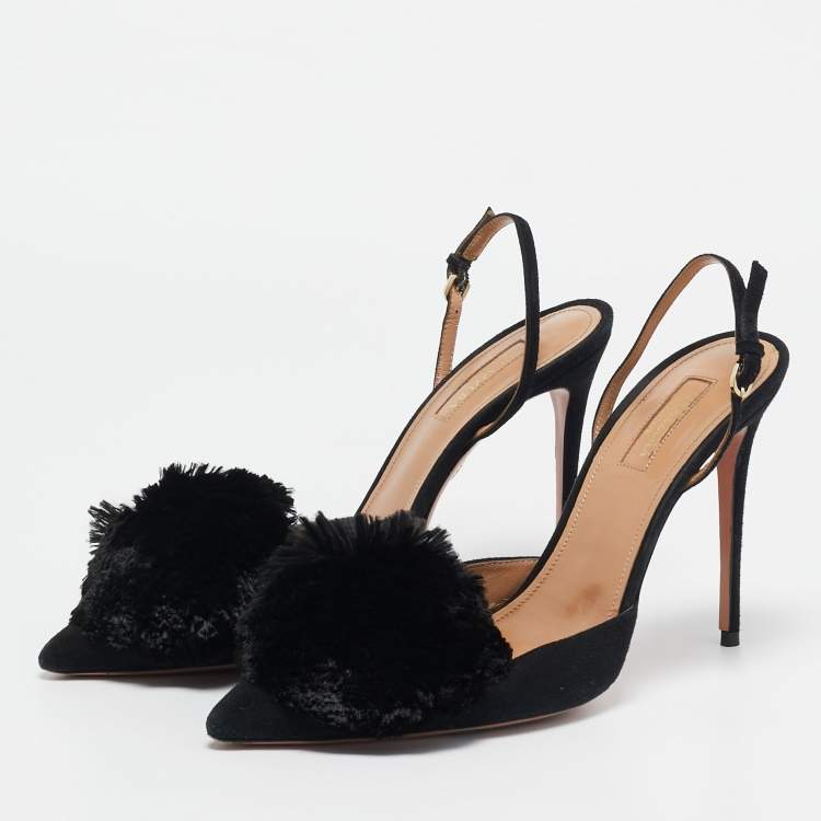 Pre Owned Aquazzura Black Suede Powder Puff Pointed Toe Slingback Sandals Size 40.5