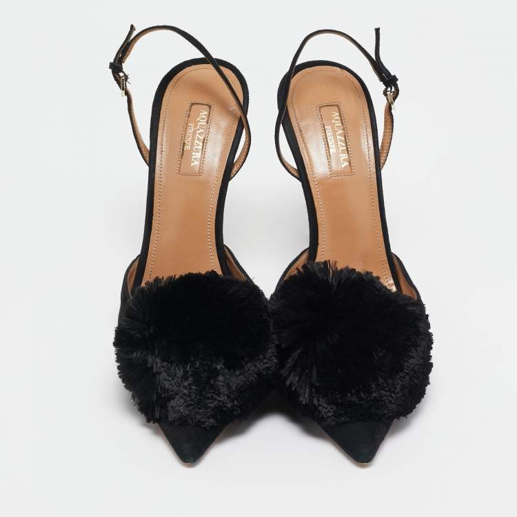 Pre Owned Aquazzura Black Suede Powder Puff Pointed Toe Slingback Sandals Size 40.5
