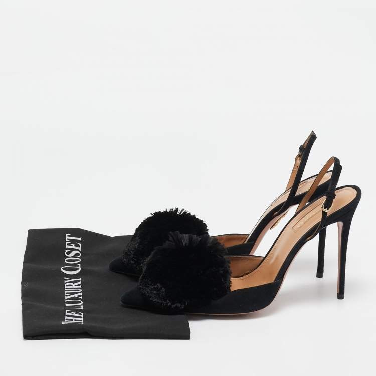 Pre Owned Aquazzura Black Suede Powder Puff Pointed Toe Slingback Sandals Size 40.5